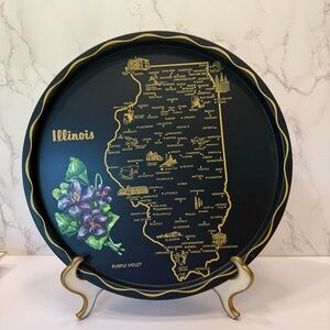Vintage Illinois Souvenir Metal Tray Plate With Map 11" Round Black & Gold